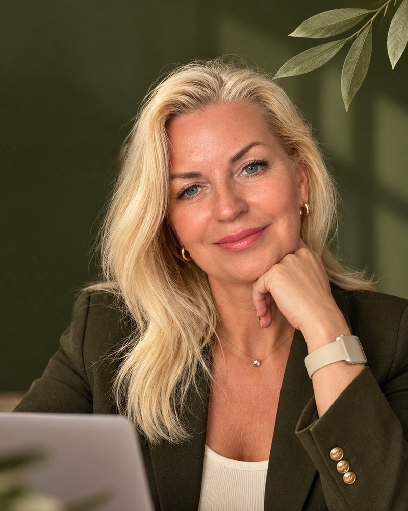 Gunita, founder of Sovrana, smiling at her desk with a laptop and a cup of coffee