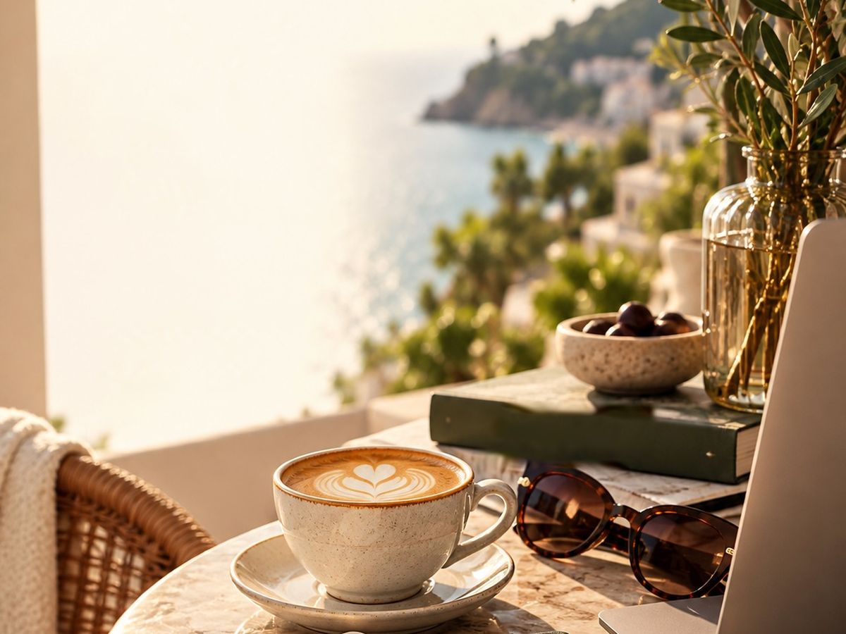 A coffee, a notebook and a laptop on a terrace above the sea